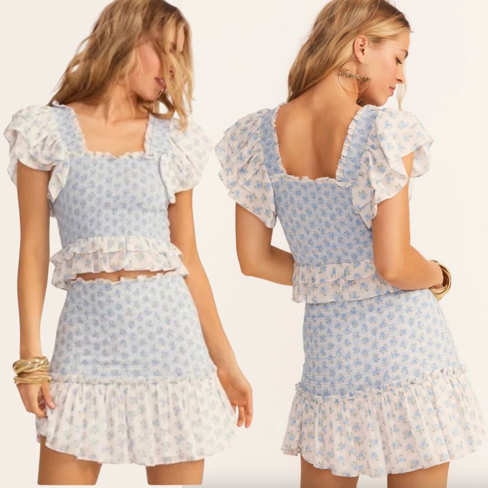 LoveShackFancy Blue Floral Smocked Mini Skirt | Ruffle Cottagecore S Sold Out